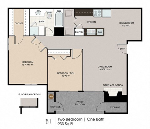 Floor plan for 2 beds, 1 bath, 933 sqft